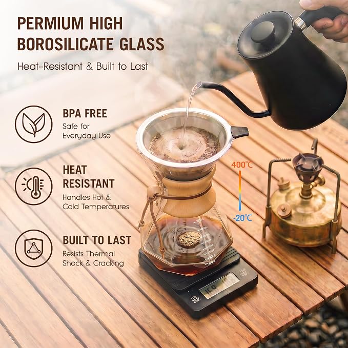 Pour Over Coffee Maker 34oz (1000ml), Borosilicate Glass Carafe with Wooden Handle & Diamond-Shaped Body, Double Layer Stainless Steel Filter, Drip Coffee Brewer for Home Camping Hiking