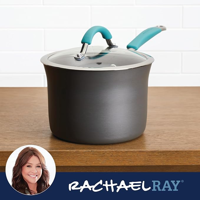 Rachael Ray Cucina Hard Anodized Nonstick Sauce Pan/Saucepan with Lid, 3 Quart, Blue