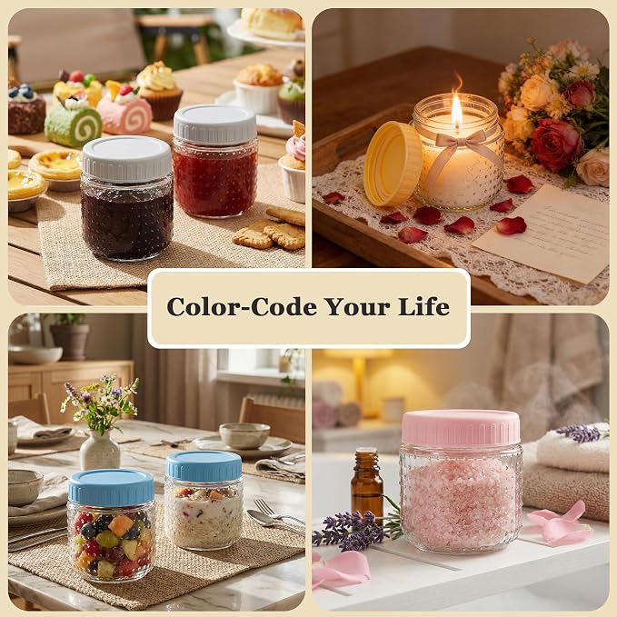 CycleMore 8 oz Mason Jars, 15 Pack Hobnail Design Canning Jars with Silver Metal & Colorful Plastic Lids, Glass Storage Jars for for Storing, Jam, Pickling, Crafts, Home Decor & DIY Gifts