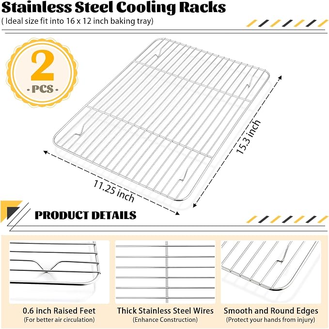 P&P CHEF 15.3" x 11.25" Cooling Baking Wire Racks Pack of 2, Silver | Stainless Steel Cooling Racks for Cooking Baking Roasting Grilling Drying, Dense Wires & Smooth Edge, Easy Clean & Rust Proof