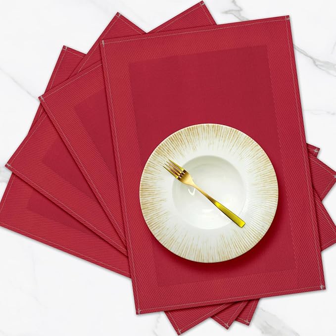 Red Placemats Set of 4, 12x18 Inch Faux Linen Table Mats | Heat Resistant and Washable Design, Easy to Clean Surface for Dining Rooms, Kitchens, Outdoor Parties and Everyday Home Decor