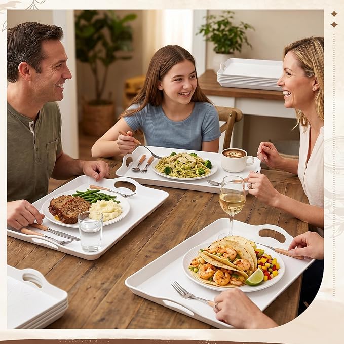 Kathfly 6 Pack 20" x 13" Serving Trays with Handles, Plastic Tray, White | PP Material, Anti-skid Texture, Decorative Food Tray, for Restaurant, Hotel, Kitchen, Party; Not Microwave/dishwasher Safe