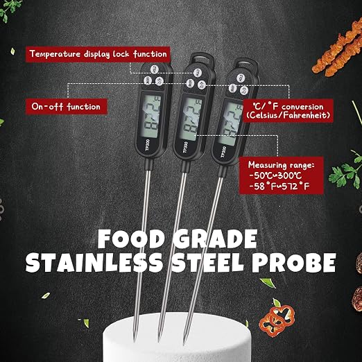 Instant Read Meat Thermometer with Long Probe 9.65 Inch Kitchen Cooking Food Candy Waterproof Digital Thermometer for BBQ Water Milk Yogurt Liquid(Black,12 Pcs)
