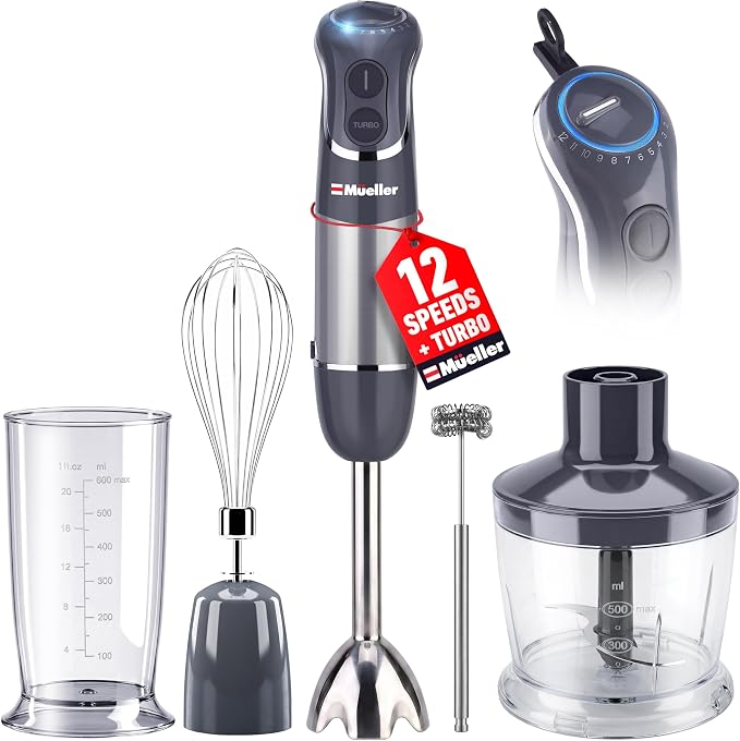Mueller Multistick 5-in-1 Immersion Blender Handheld, 12-Speed Hand Mixer | Turbo Boost,Heaviest Duty Copper Motor,Titanium reinforced Blades Hand Blender,Milk Frother Wand,Whisk,Beaker,Chopper,Grey