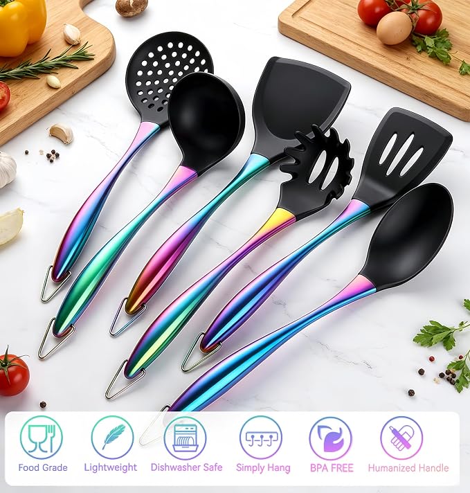 Silicone Cooking Utensils Set, 17pcs Kitchen Utensil Set with Rotatable Holder, Heat-Resistant Silicone Utensils for Cooking, Non-Stick Spatula Set with Stainless Steel Handle,Turner,Ladle (Rainbow)