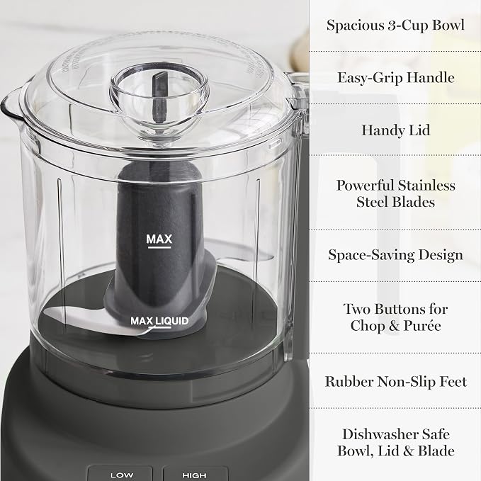 Martha Stewart 3 Cup Electric Vegetable Chopper & Mini Food Processor, Gray | 24oz BPA-Free Bowl, Stainless Steel Blades, Pour Spout, Dice, Puree, Mince, Chop Vegetables & Herbs, Dishwasher-Safe Parts