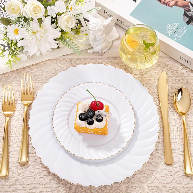 YOUBET 125PCS White and Gold Plastic Plates for Wedding Parties | White Plates Disposable with Gold Rim Include 25 Dinner Plate 25 Dessert Plate 75 Gold Silverwares