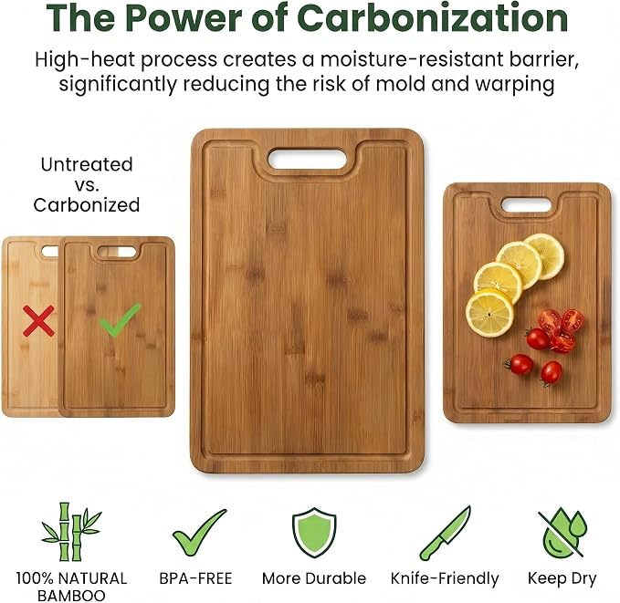 Bamboo Cutting Board Set with Holder, 3 Piece Carbonized Wood Chopping Boards for Kitchen, Charcuterie Board & Serving Tray with Juice Groove, Kitchen Gift Set with Gift Box for Housewarming