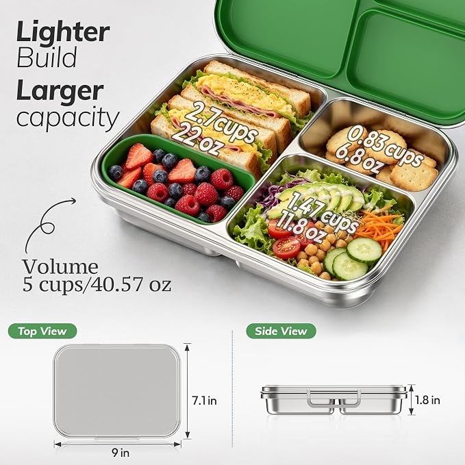Stainless Steel Bento Lunch Box for Kids and Adults,3 Compartment Meal Lunch Box with Detachable Silicone Lid,Leak-Resistant Food Container with Snack Cup for School,BPA-Free(Green)