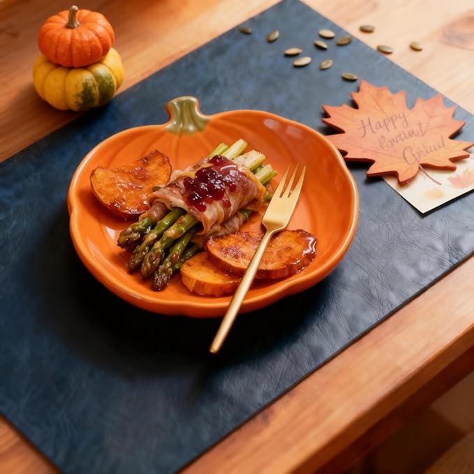 Placemats Set of 4, DOLOPL Reversible Dual-Color Faux Leather Place Mats 17"x11.8"– Waterproof, Heat Resistant, Washable & Wipeable, Luxury Retro Style for Kitchen, Dining Table (Camel/Navy Blue)
