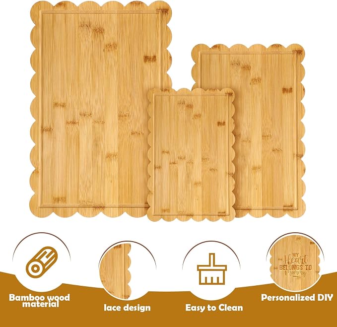3 Pcs Bamboo Wood Scalloped Cutting Boards for Kitchen, Medium | Juice Groove, Blank Wood Charcuterie Tray, Snack Cheese, Appetizers Grazing Platter, Engraving Gift, Crafts Rustic Wall