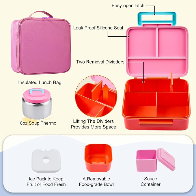 Bento Lunch Box for Kids with Thermo, Leakproof Bento Box with 8oz Insulated Food Jar, Lunch Bag, BPA Free Dishwasher Safe 4 Compartment Container for School Girls Boys (Pink)