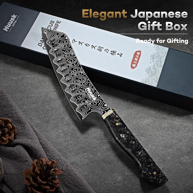 Huusk Damascus Chef Knife 7", Ultra Sharp Santoku Knives | Japanese Kitchen Knife with Ergonomic Resin Handle, Ideal Birthday Dad Mom Gift