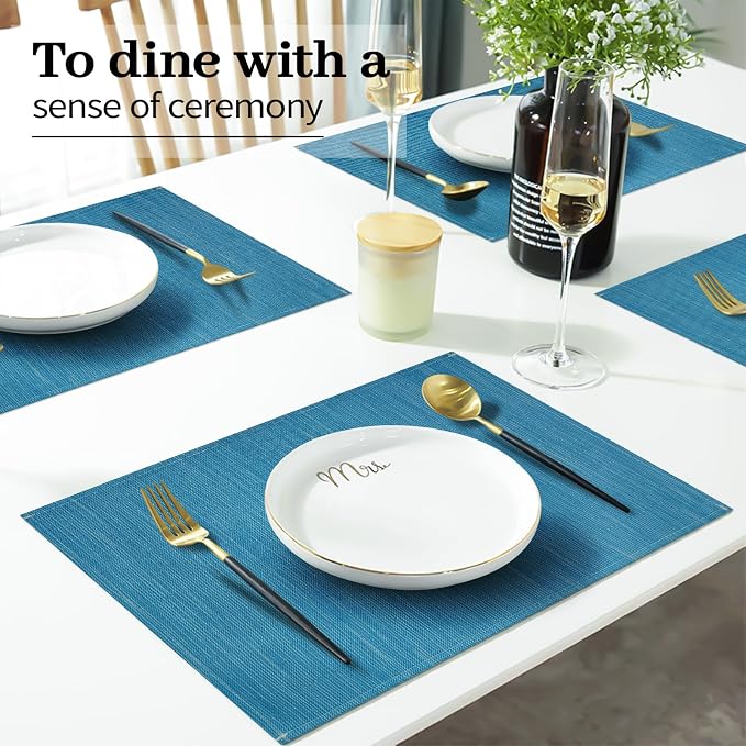 Blue Placemats Set of 4, 12x18 Inch Faux Linen Table Mats | Heat Resistant and Washable Design, Easy to Clean Surface for Dining Rooms, Kitchens, Outdoor Parties and Everyday Home Decor