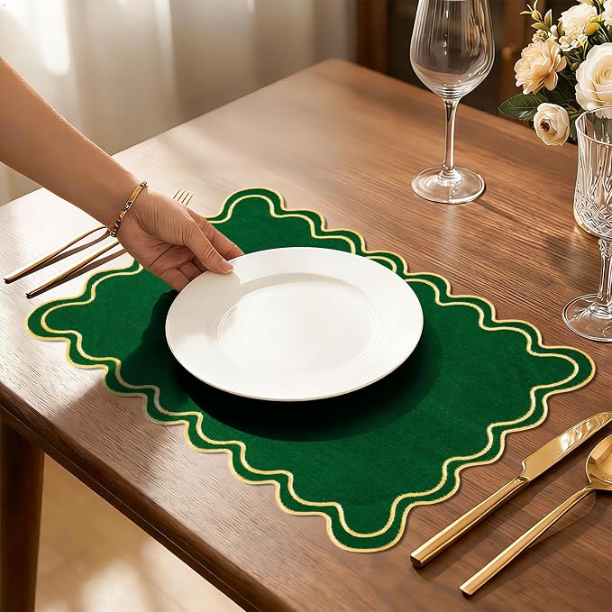 Whaline Green Linen Placemats Embroidered Scalloped Kitchen Place Mats for Birthday Party Home Dining Table Decor, Set of 6, 13 x 19 in