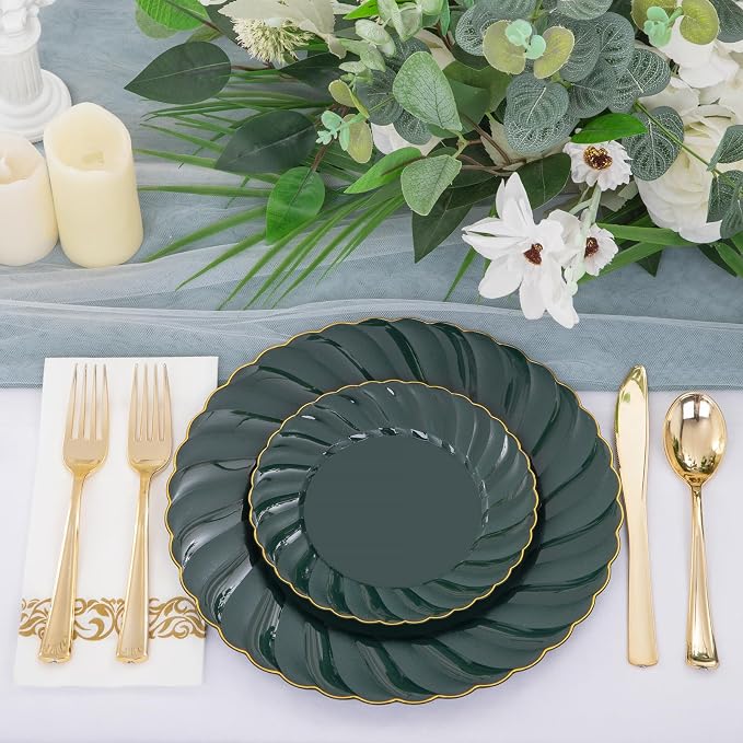 YOUBET 150PCS Emerald Green Plastic Plates for Party Wedding | Green and Gold Disposable Dinnerware Include 50 Plates, 25 Knives, 25 Forks, 25 Spoons, 25 Napkins Ideal