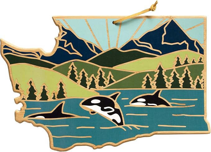 Totally Bamboo Washington State Shaped Cutting Board, Summer Stokes Art | State charcuterie board with colorful hand-drawn landscape art. Smooth reverse side for food prep. Hang tie for wall display.