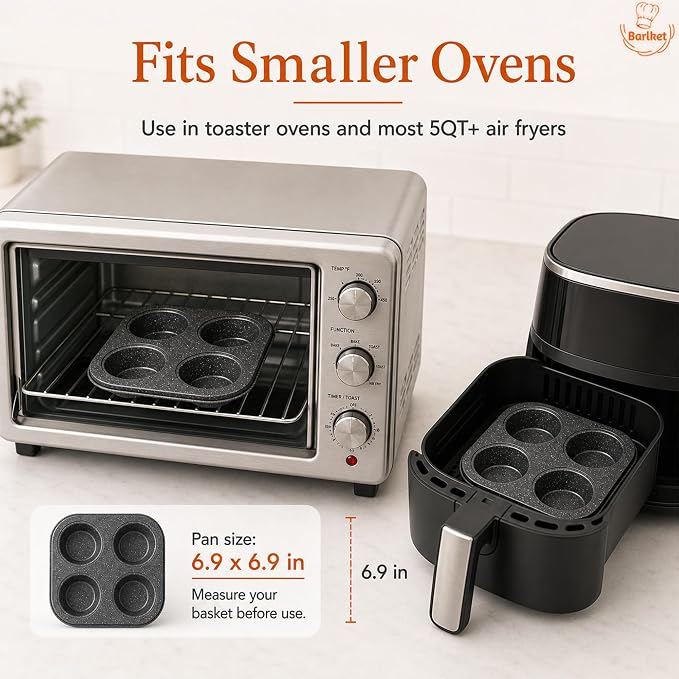 4-Cup Muffin Pan, Air Fryer Toaster Oven Muffin Tin Total 12 Cups | Nonstick Granite Coating Carbon Steel Cupcake Pan Set, Easy Release, Nests Flat for Storage, 3-Pack Muffin Baking Pan