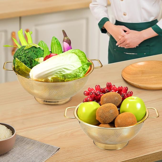 2PCS Gold Strainer for Kitchen, 3QT and 5QT, Stainless Steel Colander with Handle for Fruits Vegetables Cooking Food, Dishwasher Safe