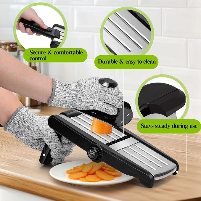MASTERTOP Mandoline Slicer, 5 in 1 Mandoline Food Slicer, Dishwasher Safe | Stainless Steel Mandoline Slicer, Adjustable Vegetable Slicer for Fruit, Cheese, Send Cut Proof Gloves & Cleaning Brush