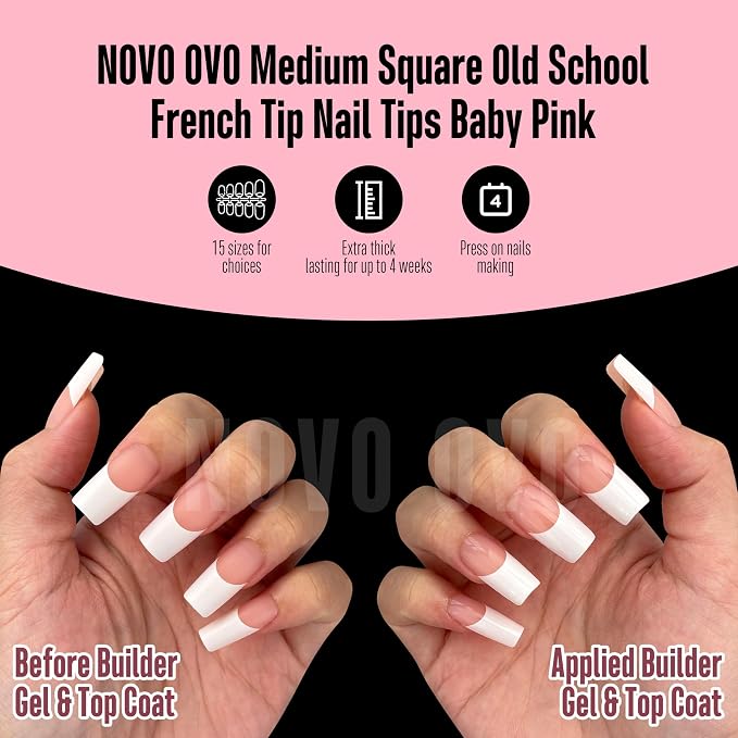 NOVO OVO Old School Retro French Tips Nails Press on, Medium Length Tapered Square BABY PINK, Extra Thick Soft Gel Fake Acrylic Extension, Need Builder Gel, Top Coat, Glue 15 Sizes 240 pcs