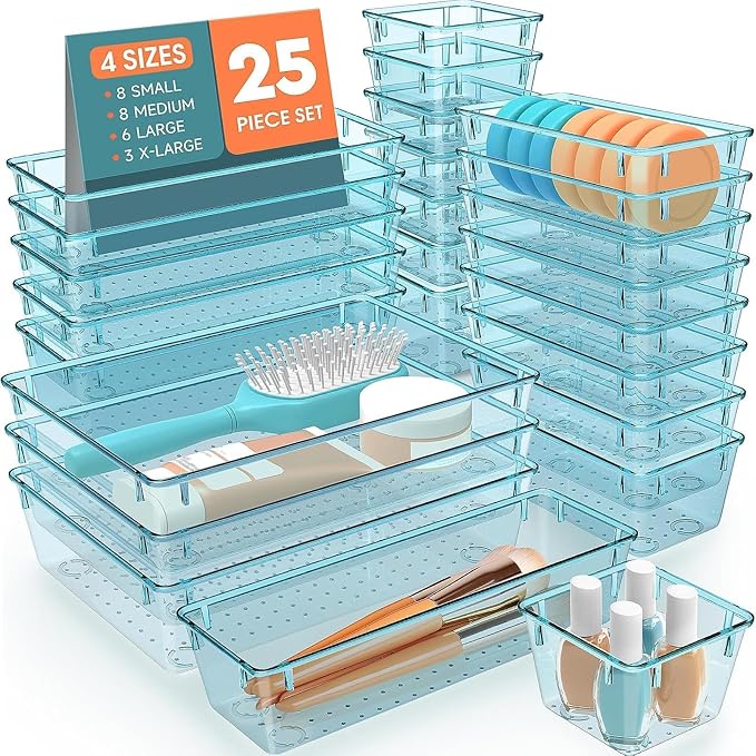 SpaceHacks 25 PCS Plastic Drawer Organizer, 4-Size Versatile Organizer Trays & storage Bins