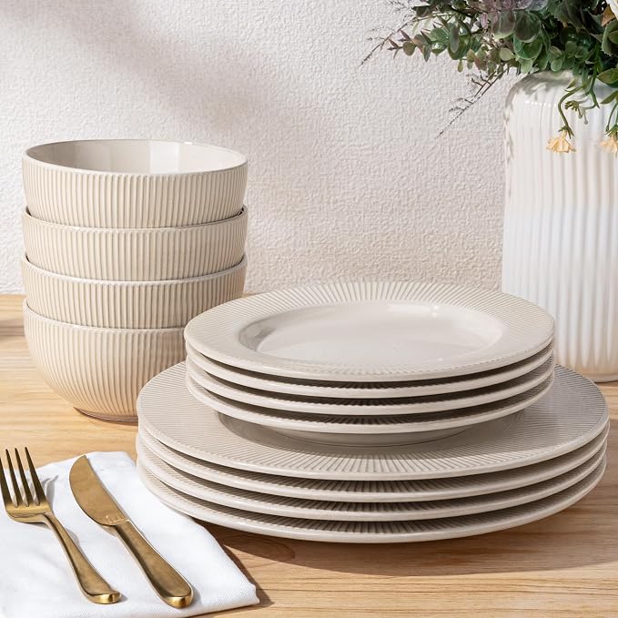 GBHOME Ceramic Dinnerware Sets of 4,12 pcs Plates and Bowls Sets Dishes | Embossed Elegant Stoneware Dishes Set | Dishwasher & Microwave Safe | Service for 4