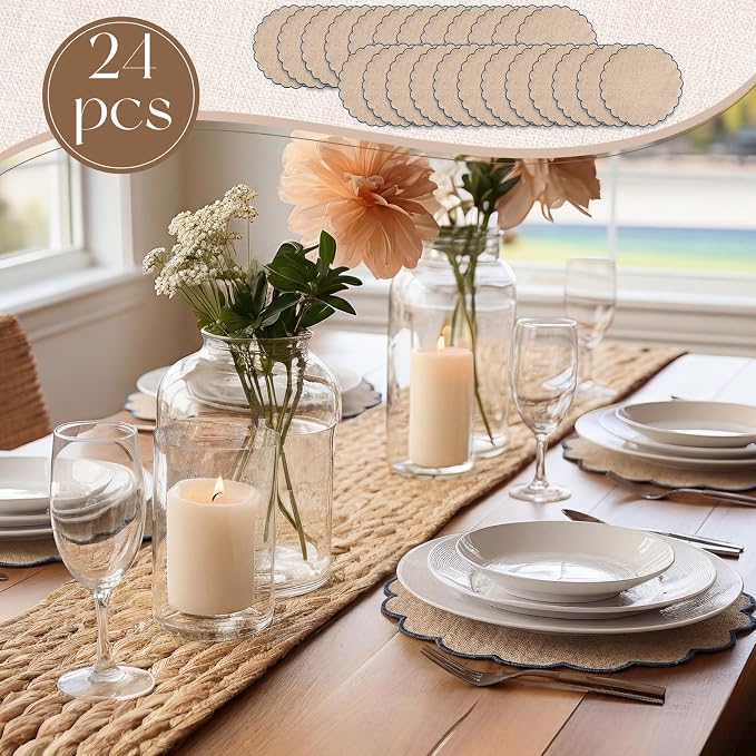 Set of 24 Linen Boho Cotton Placemats 15" Round Scalloped Blue | Double Layered Cotton Fabric, Washable Embroidery, Blue Edge Edge, Rustic Table Mats for Wedding Dining Table Decor