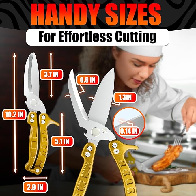 Kitchen Shears Heavy Duty, Safety Lock, Stainless Steel (Gold) | Poultry Shears for Chicken, Turkey, Spatchcock, Fish; Bone Cutting Scissors, Micro-Serrated, Spring-Loaded, Separate to Clean