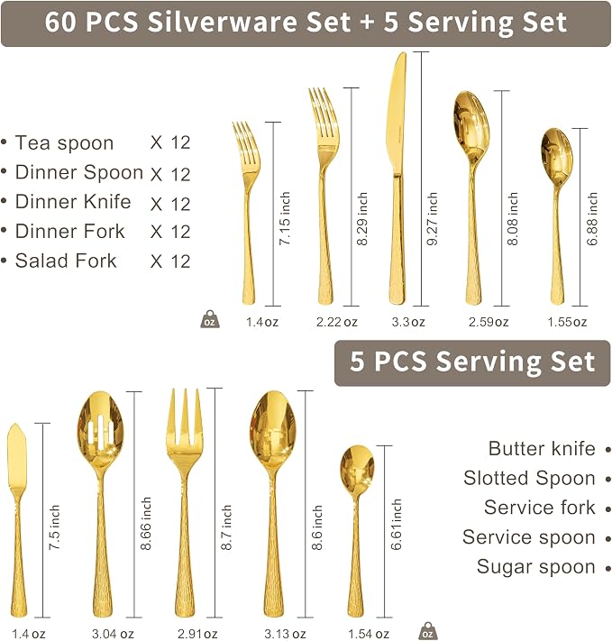 65 Piece Gold Silverware Set with Serving Utensils, 18/10 Stainless Steel | Hammered Ripple Handles, Serving Utensils, Dishwasher Safe, Rust Resistant, for Weddings, Parties & Holiday Dinners