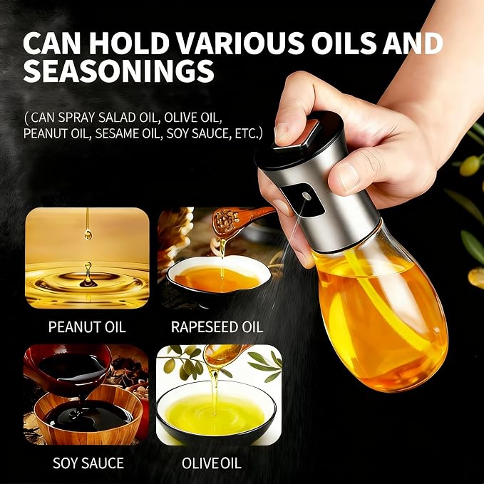 Oil Sprayer for Cooking - Olive & Avocado Oil Spray Bottle, Food Grade Glass Mister with Adjustable Nozzle, 2-in-1 Dispenser for Kitchen, BBQ, Baking