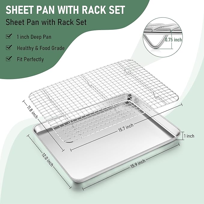 Homikit Baking Sheet with Wire Rack Set (1 Pan+1 Cooling Rack), 16" x 12" | Stainless Steel Jelly Roll Pan with Grid Cooling Rack, Nonstick Baking Cookie Bacon Tray for Oven Cooking, Dishwasher Safe