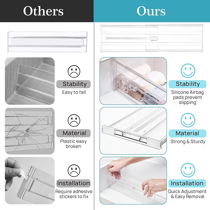 Vtopmart 6" Tall Upgrade Drawer Dividers, 12.8"-22.3" Expandable, 8 Pack | Deep Drawer Organizer, Big Drawer Separator, Clear plastic Adjustable Storage Divider for Dresser, Baby Supplies, Kitchenware