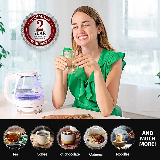 OVENTE Electric Kettle,1.5L Borosilicate Glass Countertop Water Heater & Boiler for Coffee or Tea,BPA-Free,Auto Shut-Off,Boil-Dry Protection,Removable & Washable Spout Filter,White KG83W,(Pack of 8)