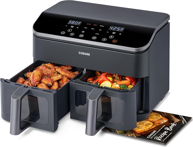 Cosori Dual Air Fryer, 9QT, 10-in-1,Sync Cook & Finish, Max 450°F | Dual 4.5QT Baskets,Independent Cooking, Touch Control, 95°-450°F, 85% less oil, 130+ Nutritional Recipes, Dishwasher-Safe