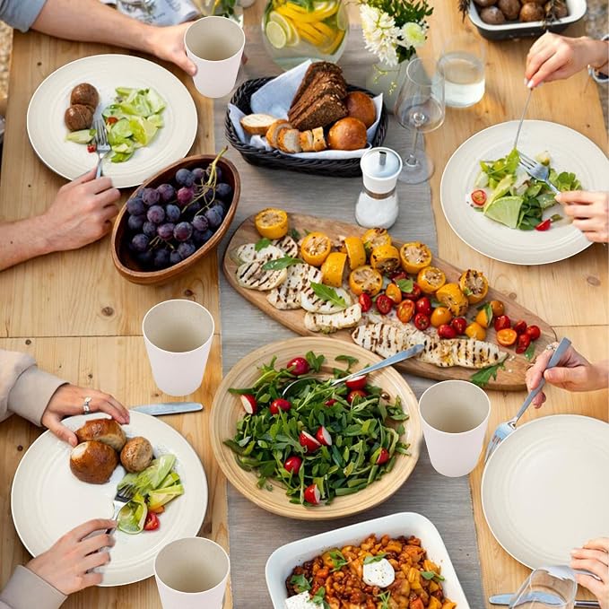 24-Piece Beige Wheat Straw Dinnerware Set Unbreakable Plates | Shatterproof lightweight wheatstraw dishes for RV camping college dorm picnic toddler and everyday family kitchen dining use