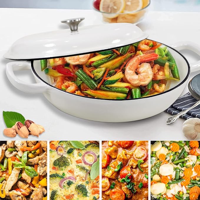 Enameled Cast Iron Braiser Pan, 3.8 Quart Shallow Dutch Oven with Lid, Heavy Duty Casserole Skillet with Dual Handles for Family or Friends Gifts, Oven-Safe to 500°F, White