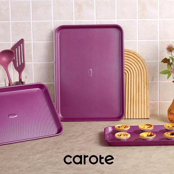 CAROTE 3-Piece Baking Sheet, Nonstick Cookie Sheets, Royal Violet | 13, 15 & 17-Inch, Carbon Steel Baking Pans Set, Easy-Release, Oven Safe Up to 446°F, Even Heating, PFAS-Free, Space-Saving