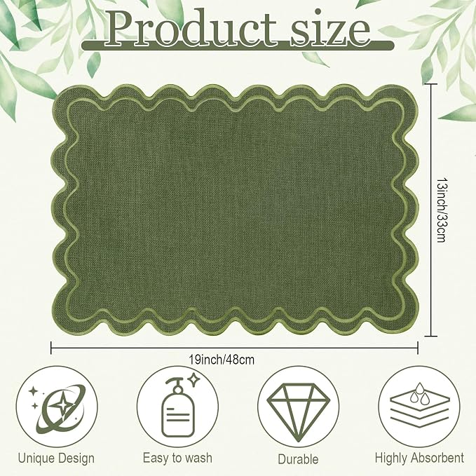 Linen Placemats Set of 12 Scalloped Placemat 13 X19 Wavy Embroidery Double Layered Washable Farmhouse Dinner Fabric Table Mat Napkin for Wedding Party Restaurant (Regular,Moss Green)