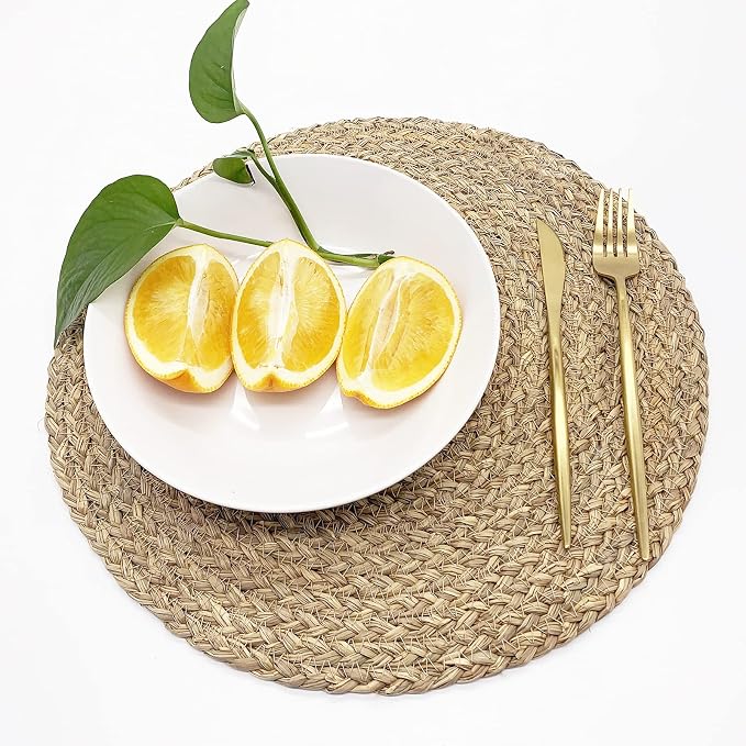 Woven Placemats for Dining Table Set of 4, 100% Natural Straw, Rustic Round Placemats Farmhouse Table Mats Rattan Wicker Placemats Hand Braided Place Mats for Indoor Outdoor, 14.17“