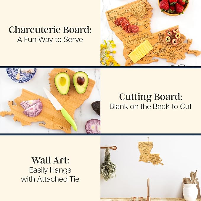 Totally Bamboo Destination Louisiana State Shaped Cutting Board | State charcuterie serving board with engraved map artwork. Smooth reverse side for food prep. Hang tie for wall display.