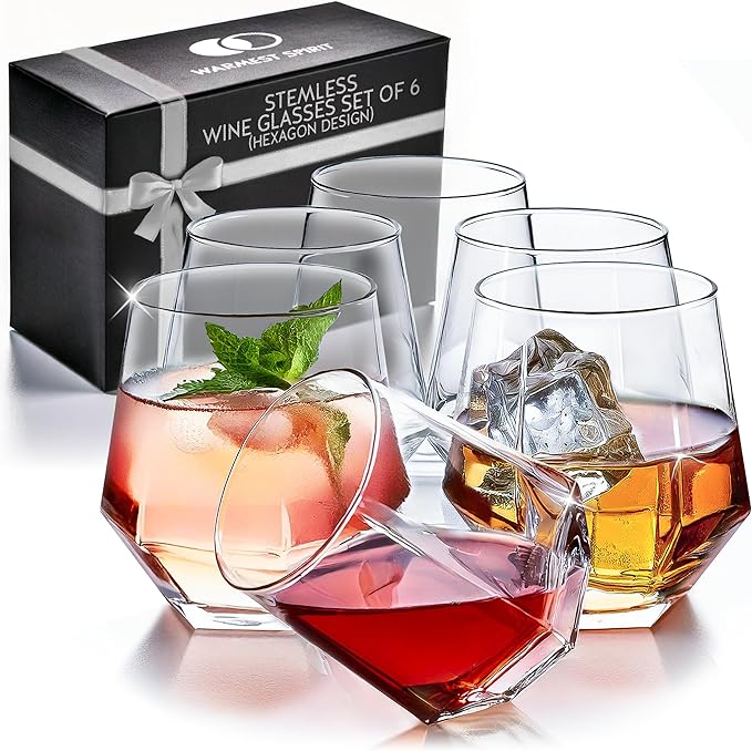 Hexagon Stemless Wine Glasses Set of 6 – Elegant 10.5 oz, Durable, Dishwasher Safe, Spill-Proof Design, Perfect for Wine, Cocktails, Whiskey, Everyday Use, Dinner Parties, and Entertaining, Giftable