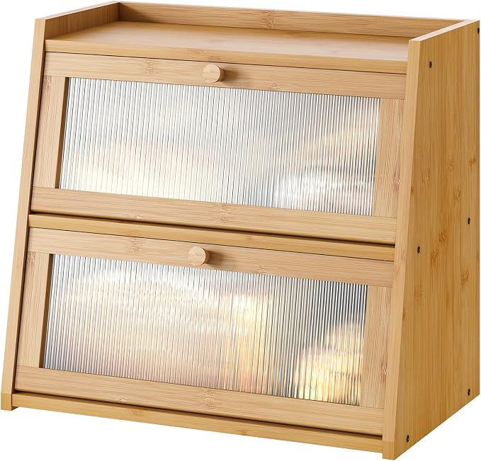 kiplant 2-Tier Bamboo Bread Box, Double Layer Bread Box for Kitchen Counter, Large Bamboo Bread Storage Container with Wavy Acrylic Transparent Door