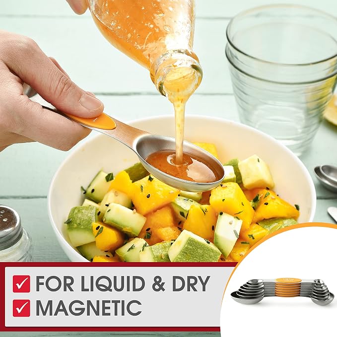 Spring Chef Stainless Steel Magnetic Measuring Spoons Set of 8, Mango | Nesting Teaspoon & Tablespoon Measuring Spoons w/ Leveler for Dry & Liquid Ingredients, Measure Spoons For Baking & Cooking