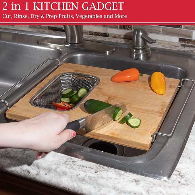 Classic Cuisine 2 in 1 Cutting Board with Strainer, Natural, 13.2” x 11.5” | Adjustable Bamboo Chopping Board with Removable Stainless Steel Colander for Over the Sink