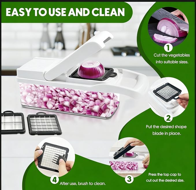 Vegetable Chopper, 10 Blades Slicer Onion Dicer, Multi 23-in-1 Veggie Mandoline Food Cutter for Tomato Fruit, Vegetable cutter with Hand Protector, Egg Separator & Slicer, Container（White）