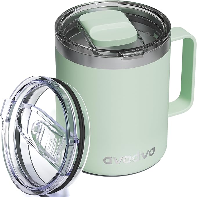 12oz Insulated Coffee Mug with Lid – Includes Two Lids, Stainless Steel Coffee Travel Mug with Handle, Double Wall Vacuum Insulated Camping Mug for Home, Office & Outdoor, Mint Green