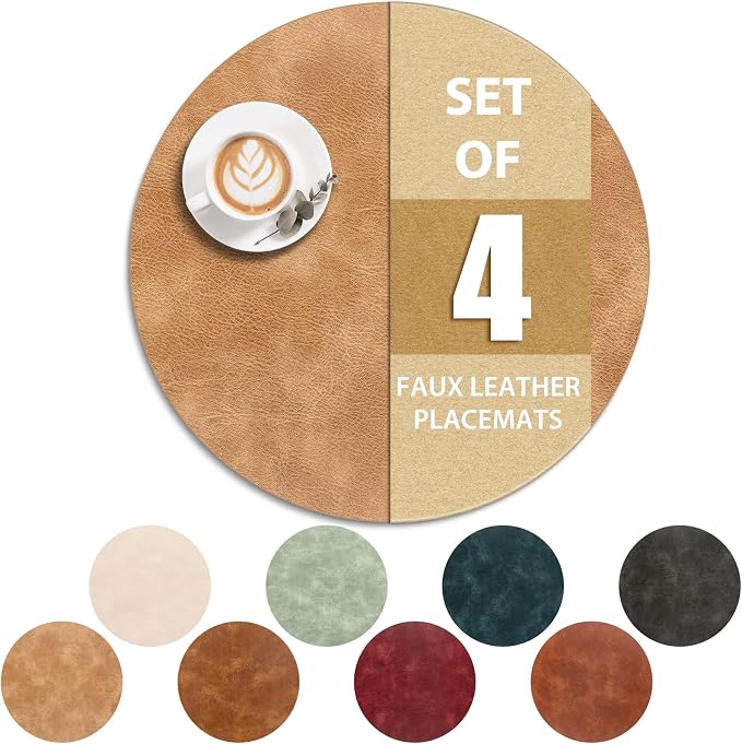 ADRIMER Placemats, Heat Resistant Round Placemats Set of 4 Washable, Waterproof Table Mats, Wipeable Faux Leather Place Mats for Kitchen, Dining Room, Camel