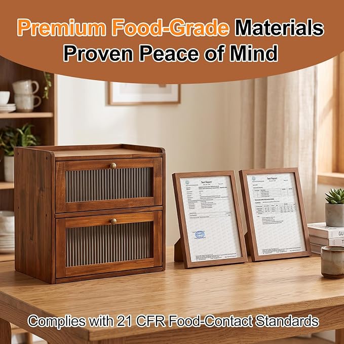 Alpeir Wooden Bread Box for Kitchen Countertop, Large Double Layer, Brown | Food-Safe Pine Wood, Double-Row Ventilation, Strong Acrylic Window, Raised Top Shelf, Easy Care, Farmhouse Corner Container