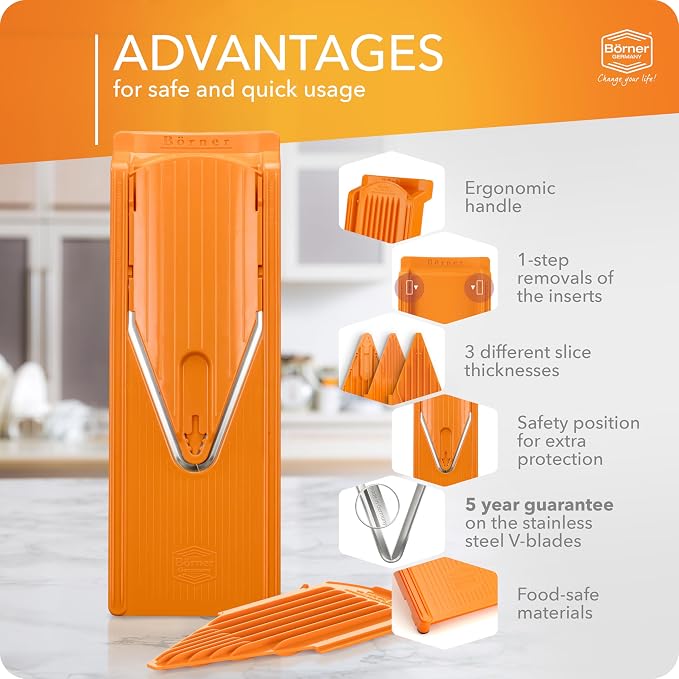 Mandoline Food Slicer Börner V3 (Basic Set) by Reston Lloyd • V-Slicer with Food Holder • Made in Germany • Fruit & Vegetable Chopper • Multiple Settings • Color: Orange